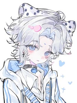 1boy absurdres animal_ears bell black_choker blue_eyes blush cat_ears choker closed_mouth collar collared_shirt diandian_guan heart highres hood hood_down hoodie jacket leopard_ears looking_at_viewer male_focus neck_bell original piercing shirt short_hair simple_background solo upper_body white_background white_hair white_shirt