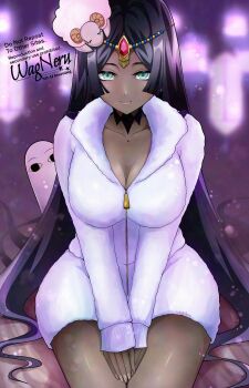 Rule 34 | 1girl, black hair, breasts, choker, circlet, cleavage, commentary request, dark-skinned female, dark skin, facial mark, fate/grand order, fate (series), forehead jewel, green eyes, hat, highres, jacket, large breasts, long hair, looking at viewer, medjed (fate), parted bangs, scheherazade (fate), sitting, thighs, wagu neru, white jacket, zipper