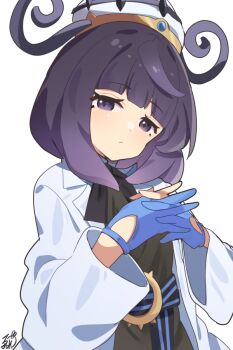 1girl belt belt_buckle black_dress blue_gloves bob_cut buckle closed_mouth coat dress gloves gwynn_(pokemon) hat interlocked_fingers long_sleeves looking_at_viewer nintendo o-ring o-ring_belt omuretsu open_clothes open_coat partially_fingerless_gloves pokemon pokemon_legends:_z-a purple_eyes purple_hair short_hair solo upper_body white_background