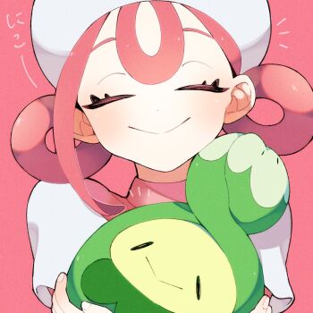 1girl budew closed_eyes commentary_request gen_4_pokemon gu_gu12435 hat highres holding joy_(pokemon) nintendo nurse nurse_cap pink_background pink_hair pokemon pokemon_(creature) pokemon_legends:_z-a simple_background upper_body