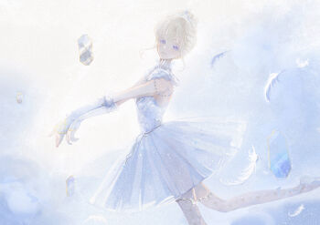 1girl absurdres arm_warmers ballerina ballet ballet_slippers bare_shoulders blonde_hair blue_background blunt_bangs closed_mouth commentary dancing english_commentary feather-trimmed_leotard feathers foot_out_of_frame fur-trimmed_arm_warmers fur_trim glittering_date_(shining_nikki) gradient_background hair_bun happy highres lace lace_thighhighs leg_ribbon leg_up leotard light_blush light_particles looking_at_viewer miniskirt miqing mirror nikki_(series) pleated_skirt purple_eyes ribbon shining_nikki shoes short_hair single_hair_bun skirt smile tareme thighhighs tiara tutu two-tone_background updo white_arm_warmers white_background white_leotard white_ribbon white_shoes white_skirt white_thighhighs