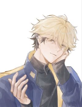 Rule 34 | 1boy, antenna hair, black hair, black shirt, blonde hair, blue jacket, closed mouth, commentary, ear piercing, eyelashes, hair between eyes, hand on own cheek, hand on own face, head rest, highres, jacket, long sleeves, looking at viewer, male focus, multicolored hair, piercing, shiguang dailiren, shirt, short hair, simple background, sleeves past wrists, smile, solo, two-tone hair, untranslatable commentary, upper body, white background, wuynthy, xia fei, yellow eyes, zipper