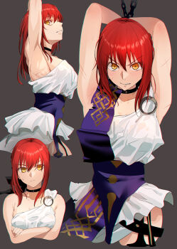 1girl arms_up black_choker breasts chain chained choker commentary_request crossed_arms fate/strange_fake fate_(series) grey_background highres hippolyta_(fate) medium_breasts minami_koyogi orange_eyes purple_sash red_hair sash stola