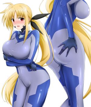 Rule 34 | 1girl, absurdres, arms under breasts, ass, black ribbon, blonde hair, blue bodysuit, blush, bodysuit, breasts, commission, cosplay, covered navel, fate testarossa, grabbing own ass, hair ribbon, hand on own ass, highres, large breasts, long hair, looking at viewer, lyrical nanoha, mahou shoujo lyrical nanoha, multiple views, numbers&#039; uniform, numbers (nanoha), open mouth, oshimaru026, pixiv commission, ponytail, red eyes, ribbon, shiny clothes, simple background, skin tight, smile, variant set, very long hair, white background