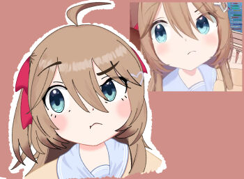 :t ahoge aqua_eyes blush brown_hair cardigan derivative_work hair_ornament hair_ribbon heart heart_hair_ornament looking_to_the_side neuro-sama pink_background ptinori raised_eyebrow ribbon screenshot_inset screenshot_redraw self-upload sidelocks sketch two_side_up vedal_ai yellow_cardigan