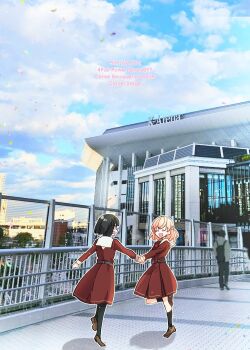 Rule 34 | 2girls, :d, ^ ^, black pantyhose, black socks, blue sky, brown dress, brown shoes, cerise bouquet, closed eyes, cloud, commentary request, day, dress, english text, hasu no sora school uniform, highres, hinoshita kaho, k-arena yokohama, kanagawa, kanduki kamibukuro, leg up, link! like! love live!, long sleeves, love live!, momose ginko, multiple girls, neckerchief, open mouth, outdoors, pantyhose, photo background, pulling, red neckerchief, sailor collar, sailor dress, school uniform, shoes, sky, smile, socks, virtual youtuber, white sailor collar, winter uniform, yellow neckerchief, yokohama