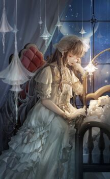 Rule 34 | 1girl, artist request, black hair, bonnet, bow, bracelet, chair, closed eyes, closed mouth, cradle, dark, dress, dress bow, expressionless, eyeshadow, feet out of frame, frilled dress, frilled sleeves, frills, game cg, gloves, glowing, gown, grey bow, hand on own cheek, hand on own face, highres, indoors, jewelry, lantern, light particles, lilith (shining nikki), lipstick, long dress, long hair, makeup, night, nikki (series), official art, on chair, pink eyeshadow, puffy short sleeves, puffy sleeves, red lips, shining nikki, short sleeves, sidelocks, sitting, sky, sleeve bow, solo, star (sky), starry sky, stuffed animal, stuffed toy, sugary lullaby (shining nikki), teddy bear, very long hair, waist bow, wavy hair, white bonnet, white bow, white dress, white gloves, white wrist cuffs, window, wrist cuffs