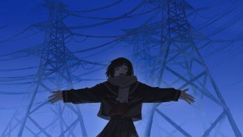 Rule 34 | 1girl, absurdres, black hair, black sailor collar, black serafuku, black skirt, blue background, closed eyes, commentary request, grey scarf, highres, long sleeves, neckerchief, open mouth, original, outstretched arms, pleated skirt, power lines, red neckerchief, sailor collar, scarf, school uniform, serafuku, short hair, skirt, solo, spread arms, tears, transmission tower, upper body, wednesday (wedillust)