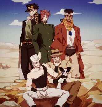 5boys anime_coloring beard black_hair boston_terrier brown_hair desert dog earrings facial_hair fedora grey_hair hat iggy_(jojo) jean_pierre_polnareff jewelry jojo_no_kimyou_na_bouken joseph_joestar joseph_joestar_(old) kakyoin_noriaki kuujou_joutarou looking_at_viewer mohammed_avdol multiple_boys necklace red_hair sempon_(doppio_note) smile stardust_crusaders