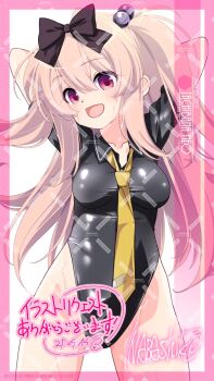 1girl adapted_costume arms_behind_head artist_name black_bow black_bowtie black_leotard bow bowtie breasts character_name commission cowboy_shot hair_bow highleg highleg_leotard highres inaba_shiki leotard long_hair looking_at_viewer medium_breasts necktie new_school_swimsuit original pink_eyes pixiv_commission red_eyes school_swimsuit smile solo swimsuit two_side_up watermark wet yellow_necktie