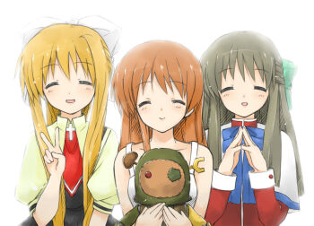 Rule 34 | 00s, 3girls, air (visual novel), black hair, blonde hair, brown hair, clannad, closed eyes, company connection, crossover, garbage doll, girl from the illusionary world, kamio misuzu, kanon, kawakami tomoko, key (company), kurata sayuri, long hair, multiple girls, smile, taka-shiro, takashiro (takashiro factory), v, voice actor connection