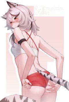 1girl adjusting_clothes animal_ears artist_name ass back black_hair blush breasts brown_eyes buruma character_name character_request closed_mouth copyright_request cowboy_shot dot_mouth dot_nose embarrassed expressionless eyelashes female_focus from_behind from_below grabbing_own_ass grey_hair highres long_hair looking_at_viewer looking_back looking_down multicolored_hair pink_background red_buruma ryncka simple_background small_breasts solo sports_bra standing streaked_hair tail tiger_ears tiger_girl tiger_tail two-tone_background two-tone_hair white_background white_sports_bra