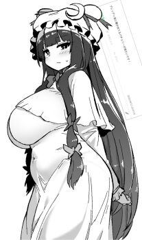 1girl akure_ekuto blush breasts capelet commentary commission covered_navel crescent crescent_hat_ornament curvy from_side greyscale hat hat_ornament highres large_breasts long_hair long_sleeves looking_at_viewer mob_cap monochrome patchouli_knowledge plump sidelocks solo stomach sweatdrop touhou translation_request very_long_hair