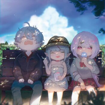 1boy 2girls ahoge bare_arms bare_shoulders black_jacket blue_sky braid brain_freeze brown_cardigan brown_headwear cardigan closed_eyes cloud cloudy_sky collared_shirt commentary_request cup day disposable_cup dress ear_piercing earrings eyes_visible_through_hair facing_viewer feet_out_of_frame food grey_pants hat holding holding_cup holding_food holding_spoon jacket jewelry kiduta_cielo kneehighs kuzuha_(1st_costume)_(nijisanji) kuzuha_(nijisanji) long_hair looking_at_viewer low_twintails makaino_ririmu makaino_ririmu_(3rd_costume) multiple_girls nijisanji on_bench outdoors pants piercing pointy_ears popsicle purple_eyes red_shirt red_skirt shaved_ice shiina_yuika shiina_yuika_(1st_costume) shirt sitting skirt sky sleeveless sleeveless_dress socks spoon strap_slip straw_hat track_jacket twin_braids twintails very_long_hair virtual_youtuber white_dress white_legwear white_shirt