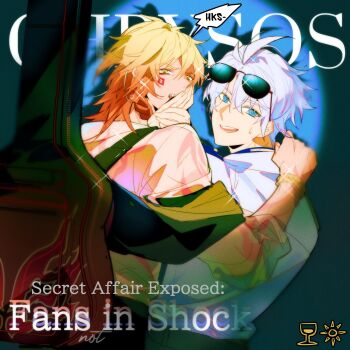 2boys alsopolt antenna_hair arm_tattoo black_choker blonde_hair blue_eyes braid choker eyewear_on_head facial_tattoo gradient_hair guitar_case highres honkai:_star_rail honkai_(series) instrument_case male_focus medium_hair multicolored_hair multiple_boys mydei_(honkai:_star_rail) neck_tattoo parted_bangs phainon_(honkai:_star_rail) red_hair red_tattoo see-through_clothes see-through_shirt shirt short_hair side_braid spotlight sun_symbol sun_tattoo tan tattoo white_hair white_shirt yaoi yellow_eyes