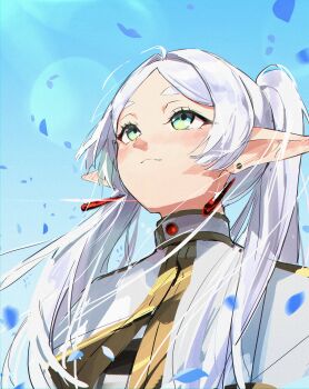 1girl absurdres blue_sky blush capelet commentary earrings elf english_commentary falling_petals floating_hair frieren gold_trim green_eyes grey_hair hair_over_shoulder head_back highres jewelry long_pointy_ears looking_up making-of_available meltyrice outdoors parted_bangs petals pointy_ears shirt sky smile solo sousou_no_frieren striped_clothes striped_shirt teardrop_earrings upper_body upward_angle_frieren_drawing white_capelet