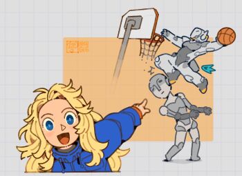 1boy 1girl :d arm_up ball basketball_(object) basketball_hoop blonde_hair blue_coat blue_eyes coat commentary cropped_torso diana_(pragmata) drawstring english_commentary grid_background helmet holding holding_ball hugh_williams humanoid_robot long_hair long_sleeves looking_at_viewer meme nevgig open_mouth padded_coat pointing pointing_at_another pragmata robot slam_dunk_(basketball) smile space_helmet spacesuit two_soyjaks_pointing_(meme)