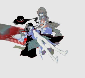 2others androgynous black_cape black_coat black_eyes black_hair black_hat blood_trail blue_eyes brooch brown_hair cape choker cine_hamal coat coattails collared_shirt enraku_tsubakura expressionless eye_brooch eye_of_senri featureless_crotch full_body green_hakama grey_background grey_shirt hair_between_eyes hair_spread_out hakama half-closed_eyes happy hat high_collar highres holding holding_scalpel jacket japanese_clothes jewelry kneeling kuzu_suzumi len&#039;en long_hair lying multiple_others nami_oto navel neck_ribbon no_headwear no_shoes on_back open_clothes open_coat open_jacket open_mouth open_shirt orange_jacket other_focus outstretched_arms pale_skin red_ribbon ribbon scalpel shirt short_hair simple_background sleeveless sleeveless_coat sleeveless_jacket sleeveless_shirt smile socks top_hat tray two-tone_shirt unworn_hat unworn_headwear very_long_hair white_choker white_shirt white_socks wide_sleeves