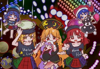 6+girls animal_ears bare_shoulders barefoot black_choker black_dress black_hat black_shirt blonde_hair blue_eyes blue_hair blunt_bangs blush_stickers bright_pupils chain chinese_clothes choker clothes_writing collarbone commentary_request covered_mouth cowboy_shot crescent crescent_print crossed_arms dalachi_(headdress) danmaku doremy_sweet dream_soul dress earth_(ornament) frills full_body full_moon gold_chain green_skirt hair_between_eyes hand_on_own_head hand_up hands_up hat heart heart_print hecatia_lapislazuli hecatia_lapislazuli_(earth) hecatia_lapislazuli_(moon) hug junko_(touhou) legacy_of_lunatic_kingdom long_hair long_sleeves looking_at_another looking_at_viewer medium_hair moon moon_(ornament) multicolored_skirt multiple_girls multiple_persona nightcap no_shoes off-shoulder_shirt off_shoulder one_eye_closed open_mouth orange_hair pink_skirt plaid_clothes plaid_skirt pointing pointing_at_viewer pom_pom_(clothes) purple_hair purple_skirt rabbit_ears rabbit_girl red_eyes red_hair red_hat red_shoes red_skirt red_tabard reisen_udongein_inaba shirt shoes short_hair short_sleeves sidelocks skirt smile socks spell_card standing star_(symbol) star_print t-shirt tabard tail tassel touhou two-tone_dress uiwateko underworld_(ornament) v-shaped_eyebrows very_long_hair wavy_hair white_dress white_pupils white_shirt white_socks wide_sleeves yellow_eyes