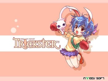 10s animal_ears backpack bag blue_hair boxing_gloves bunny_(trickster) cat gloves headband open_mouth rabbit_ears rabbit_tail randoseru red_eyes shirahane_nao skirt socks solo tail trickster_(ntreev_soft)