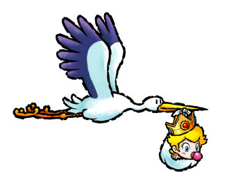 1girl baby_peach bird blonde_hair blue_eyes blush_stickers crown highres mario_(series) nakagawa_yasuhisa nintendo official_art pacifier princess_peach short_hair simple_background stork stork_(yoshi&#039;s_island) third-party_source white_background yoshi&#039;s_island_ds