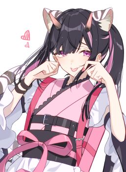 Rule 34 | 1boy, :p, animal ear fluff, animal ears, backpack, bag, black hair, blunt bangs, cho kaguya-hime!, commentary, crossdressing, crossdressing (mtf), frilled kimono, frills, gradient horns, hands up, heart, horns, japanese clothes, kimono, kimono dress, komazawa noi, long hair, long sleeves, looking at viewer, male focus, multicolored hair, multicolored horns, pink bag, pink eyes, pink horns, pink kimono, pink ribbon, pink streaks, ribbon, shiroquroha t, simple background, smile, solo, streaked hair, tail, tiger ears, tiger tail, tongue, tongue out, trap, twintails, white background