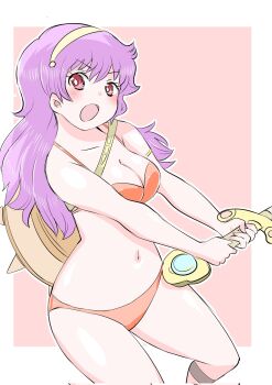 1girl armlet athena_(series) bikini blush breasts cleavage collarbone commentary_request cowboy_shot highres holding holding_sword holding_weapon jewelry long_hair looking_at_viewer navel princess_athena purple_hair red_bikini red_eyes shield shield_on_back simple_background solo swimsuit sword tiara toyishiki_shizuoka weapon