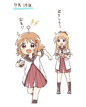 2girls :d blonde_hair blue_eyes blue_shoes blush_stickers bow brown_bow brown_eyes brown_hair brown_socks controller cropped_legs dress fang hair_bow hair_ornament hairclip hashtag-only_commentary highres long_hair multicolored_shoes multiple_girls namori nanamori_school_uniform oomuro_sakurako open_mouth parallel_hairclips pleated_dress radio_antenna red_dress remote_control running school_uniform shirt shoes short_hair short_sleeves simple_background smile socks summer_uniform toshinou_kyouko translation_request two-tone_shoes v-shaped_eyebrows white_background white_shirt white_shoes yuruyuri