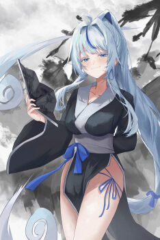 Rule 34 | 1girl, :3, absurdres, ahoge, aokumo rin, arm behind back, black kimono, blue bow, blue bowtie, blue eyes, blue hair, bow, bowtie, breasts, cleavage, closed mouth, collarbone, commentary, grey sash, hair bow, hand fan, high ponytail, highres, holding, holding fan, japanese clothes, kimono, large breasts, long hair, long sleeves, minhyo 100, monochrome background, multicolored hair, obi, pelvic curtain, ponytail, sash, sidelocks, solo, stellive, streaked hair, very long hair, virtual youtuber, white hair, wide sleeves