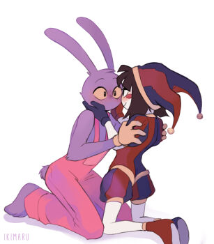 1boy 1girl asymmetrical_gloves blue_gloves blush_stickers brown_hair colored_skin furry gloves hat hat_bell highres ikimaru jax_(the_amazing_digital_circus) jester jester_cap jester_costume mismatched_gloves multicolored_hat pomni_(the_amazing_digital_circus) puffy_sleeves red_gloves short_hair short_sleeves smile striped_clothes striped_headwear the_amazing_digital_circus vertical-striped_clothes vertical-striped_headwear