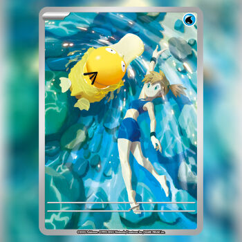 1girl arm_up barefoot blue_bike_shorts blue_sports_bra blurry_border closed_mouth commentary_request copyright_name from_above gen_1_pokemon green_eyes happy misty_(pokemon) nintendo official_art okacheke pokemon pokemon_(creature) pokemon_card pokemon_frlg pokemon_tcg psyduck ripples short_hair side_ponytail smile sports_bra swimming underwater water wristband