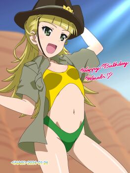1girl blonde_hair blush breasts commentary_request girls_und_panzer green_eyes hat highres long_hair naotosi navel open_mouth outdoors sky small_breasts smile solo swimsuit wallaby_(girls_und_panzer)