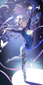1girl absurdres arms_up athletic_leotard black_hair blue_eyes blue_leotard breasts bug butterfly chinese_commentary cleavage cleavage_cutout clothing_cutout commentary_request dark_background en_pointe floating_hair from_above full_body gymnastics hair_floating_upwards hair_ornament highres holding_baton insect leaf_hair_ornament leotard long_sleeves looking_at_viewer medium_breasts pantyhose prosthesis prosthetic_leg reverse:1999 rhythmic_gymnastics ribbon ribbon_baton solo spotlight standing standing_on_one_leg white_butterfly white_pantyhose willow_(reverse:1999) yi_chi_ye