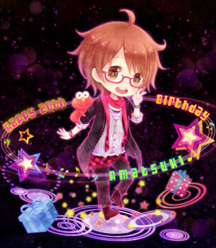 1boy amatsuki_(utaite) artist_request brown_eyes brown_hair commentary_request elmo hair_ornament indie_utaite jacket looking_at_viewer male_focus non-web_source open_mouth pants sesame_street sheep_hair_ornament shirt short_hair simple_background smile solo source_request translation_request two-sided_shirt utaite white_shirt