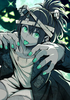 1girl :p absurdres bandage_on_hair black_hair collarbone colored_skin colored_tongue commentary cosplay cowboy_shot frankenstein frankenstein&#039;s_monster frankenstein&#039;s_monster_(cosplay) gintama green_eyes green_nails green_theme green_tongue hair_between_eyes halloween_costume hands_up highres jack-o&#039;-lantern kobaji long_sleeves looking_at_viewer nail_polish object_through_head pale_skin patchwork_clothes patchwork_skin ponytail screw_in_head shimura_tae sidelocks sitting solo tongue tongue_out