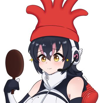 1girl black_hair elbow_gloves gloves hand_mirror hat headphones highres hood hoodie humboldt_penguin_(kemono_friends) kemono_friends kemono_friends_v_project looking_at_mirror microphone mirror multicolored_hair short_hair simple_background sleeveless solo streaked_hair tengt_e toy_hammer upper_body virtual_youtuber wallace_&amp;_gromit yellow_eyes zipper