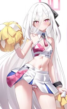 1girl :< absurdres alternate_costume bare_shoulders black_hairband blue_archive blush bracelet breasts bright_pupils cheerleader commentary cowboy_shot double-parted_bangs furrowed_brow hair_between_eyes hairband halo hand_up highres holding holding_pom_poms jewelry kei_(blue_archive) kei_(new_body)_(blue_archive) long_hair long_hair_between_eyes looking_at_viewer millennium_cheerleader_outfit_(blue_archive) navel panties pantyshot pink_halo pleated_skirt pom_pom_(cheerleading) pom_poms rectangular_halo red_eyes reneua ringed_eyes simple_background skirt small_breasts solo sports_bra star_(symbol) star_sticker sticker sticker_on_arm sticker_on_face striped_clothes striped_panties two-tone_sports_bra underwear v-shaped_eyebrows very_long_hair white_background white_hair white_pupils