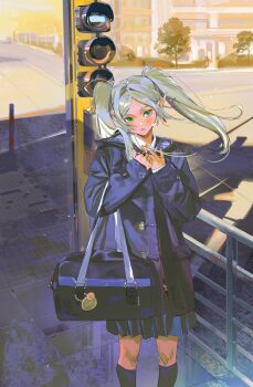 1girl alternate_costume bag black_skirt black_socks blue_bag blue_jacket chinese_commentary closed_mouth commentary_request contemporary day earrings elf frieren green_eyes grey_hair hands_up highres holding holding_bag hood hood_down hooded_jacket jacket jewelry joumey long_hair long_sleeves looking_at_viewer outdoors parted_bangs pleated_skirt pointy_ears road school_bag school_uniform skirt socks solo sousou_no_frieren standing street tree twintails wind
