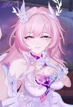 1girl absurdres artist_name bare_shoulders breasts commentary_request cyrene_(honkai:_star_rail) cyrene_(ripples_of_past_reverie)_(honkai:_star_rail) diamond-shaped_pupils diamond_(shape) dress flower hair_flower hair_ornament highres honkai:_star_rail honkai_(series) jewelry large_breasts long_hair looking_at_viewer multicolored_hair parted_lips pink_hair pointy_ears purple_eyes ring solo symbol-shaped_pupils thor_gdgd two-tone_hair very_long_hair wedding_ring white_dress white_hair