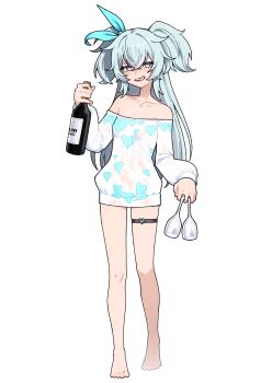 1girl artpatient bare_shoulders barefoot blue_eyes blue_ribbon blush bottle collarbone commentary cup drinking_glass english_commentary feet florence_(girls'_frontline_2) full_body girls'_frontline grey_hair hair_ribbon heart heart-shaped_pupils heart_o-ring highres licking_lips long_hair long_sleeves naked_shirt o-ring o-ring_thigh_strap off-shoulder_shirt off_shoulder official_alternate_costume pa-15_(girls'_frontline) pa-15_(marvelous_yam_pastry)_(girls'_frontline) ribbon shirt smile solo standing symbol-shaped_pupils teeth thigh_strap toes tongue tongue_out two_side_up very_long_hair wine_bottle wine_glass