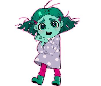 1girl blue_eyes blue_hair blue_skin blush boots collared_dress colored_skin disney dress envy_(inside_out_2) freckles full_body green_boots hair_ornament hairclip hands_up highres inside_out inside_out_2 kugai697139 long_sleeves looking_at_viewer open_mouth own_hands_together pants pink_pants pixar polka_dot polka_dot_dress purple_dress short_hair simple_background smile solo sparkling_eyes standing teeth wavy_hair white_background wide_sleeves