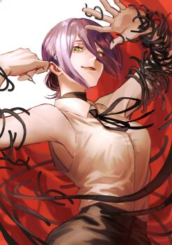 1girl absurdres black_choker black_ribbon bonjindaaa chainsaw_man choker grenade_pin hair_between_eyes hair_bun highres neck_ribbon pull_cord reze_(chainsaw_man) ribbon shirt single_hair_bun sleeveless sleeveless_shirt solo