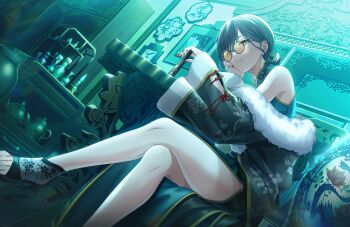 1girl bare_legs bare_shoulders black_coat black_hair braid china_dress chinese_clothes coat crossed_legs dress fishnet_footwear floral_print_coat foot_out_of_frame from_below fur-trimmed_coat fur_trim game_cg green-framed_eyewear hair_bun high_heels highres holding indoors katsuragi_izumi katsuragi_izumi_(shiren_koto_no_ryuu) link!_like!_love_live! long_hair long_sleeves looking_at_viewer love_live! nail_polish non-web_source official_alternate_costume official_art open-toe_shoes orange-tinted_eyewear red_nails round_eyewear see-through_clothes see-through_footwear single_hair_bun sitting sleeveless sleeveless_dress solo sunglasses thighs tinted_eyewear very_low_bun virtual_youtuber