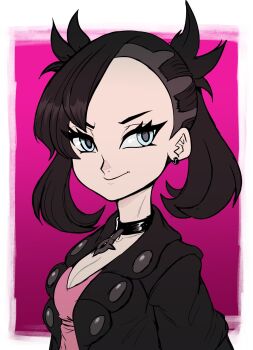 1girl black_hair blue_eyes breasts choker cleavage earrings highres jacket jewelry marnie_(pokemon) nintendo partially_shaved_head pokemon pokemon_swsh short_hair teevo