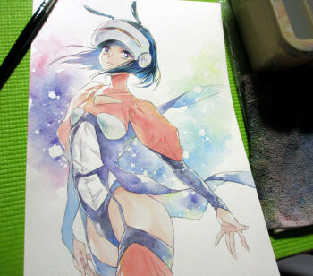 1girl agahari antennae art_brush art_tools_in_frame black_bridal_gauntlets black_hair blue_eyes bob_cut bridal_gauntlets coattails commentary_request cowboy_shot garter_belt ghost_sweeper_mikami leotard looking_at_viewer luciola orange_thighhighs paintbrush painting_(medium) parted_lips photo_(medium) sleeved_leotard solo standing tailcoat thighhighs traditional_media visor_(armor)