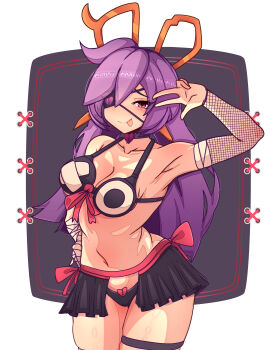 Rule 34 | 1girl, absurdres, armpits, arms up, bandaged arm, bandages, bikini, breasts, broken heart, choker, commission, commissioner upload, eyepatch, fishnet gloves, fishnets, garter belt, gloves, heart, highres, long hair, looking at viewer, maimz opa, medium breasts, mercy modiste, navel, purple hair, red eyes, ribbon, scissors hair ornament, showgirl skirt, simple background, skindentation, skirt, solo, swimsuit, symbol-shaped pupils, tongue, tongue out, v, vallure, virtual youtuber