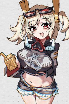 Rule 34 | 1girl, arm behind back, black-framed eyewear, black jacket, black shirt, black shorts, blonde hair, breasts, burnice white, commentary request, cosplay, cowboy shot, crop top, cropped jacket, drink, eyewear on head, grey background, hair ornament, highres, holding, holding drink, hoot hoot owl, jacket, large breasts, looking at viewer, luciana de montefio, luciana de montefio (cosplay), mask, mask around neck, midriff, navel, open clothes, open jacket, open mouth, red-tinted eyewear, red eyes, shirt, short shorts, shorts, smile, solo, standing, sunglasses, tinted eyewear, twintails, zenless zone zero