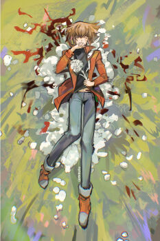 Rule 34 | 1boy, black shirt, blood, blood on clothes, blood on flower, blood on ground, blood splatter, brown eyes, brown hair, cerakuro, coat, commentary request, covering own mouth, denim, duel academy uniform (yu-gi-oh! gx), facing up, facing viewer, flower, full body, hand over own mouth, hand to own mouth, highres, holding, holding flower, injury, jeans, knee up, looking to the side, lying, male focus, midriff peek, on back, on flower, on grass, on ground, one eye closed, open clothes, open coat, outdoors, pants, popped collar, red coat, red shoes, shirt, shoes, vignetting, white flower, yu-gi-oh!, yu-gi-oh! gx, yuki judai