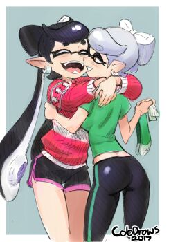 2girls absurdres alternate_costume ass callie_(splatoon) christmas christmas_sweater colo_(nagrolaz) cousins cowboy_shot dolphin_shorts earrings fangs highres hug inkling jewelry long_sleeves marie_(splatoon) multiple_girls mutual_hug nintendo open_mouth pointy_ears shirt short_shorts short_sleeves shorts simple_background smile socks splatoon_(series) splatoon_1 squid sweater t-shirt tentacle_hair