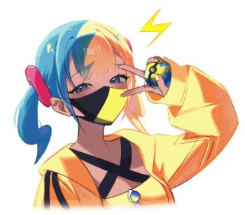 1girl aqua_hair bandeau black_mask blonde_hair blue_eyes breasts canari_(pokemon) criss-cross_straps dark-skinned_female dark_skin ebi_(shrimp_eleven) holding holding_poke_ball jacket lightning_bolt_symbol long_sleeves looking_at_viewer mask mega_stone mouth_mask multicolored_hair nintendo poke_ball pokemon pokemon_legends:_z-a quick_ball short_twintails simple_background solo split-color_hair sports_bra twintails two-tone_hair two-tone_mask upper_body v white_background yellow_bandeau yellow_jacket yellow_mask yellow_sports_bra